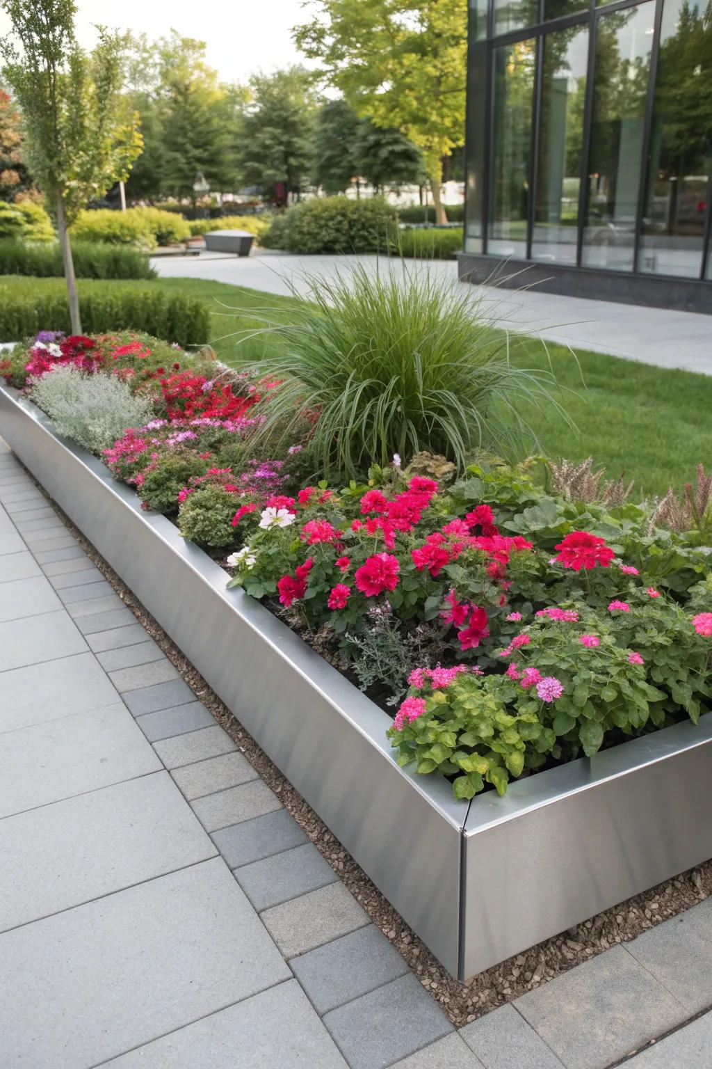 A modern rectangular flower bed edged with sleek metal for a contemporary flair.