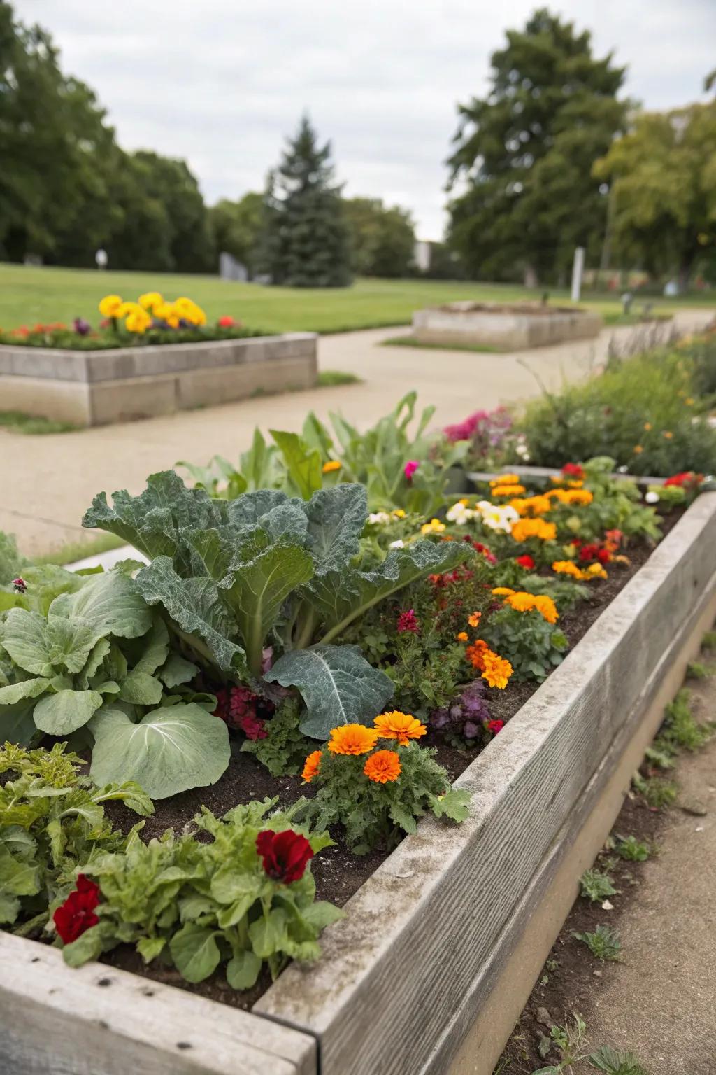 A delightful mix of flowers and edibles in a rectangular bed.