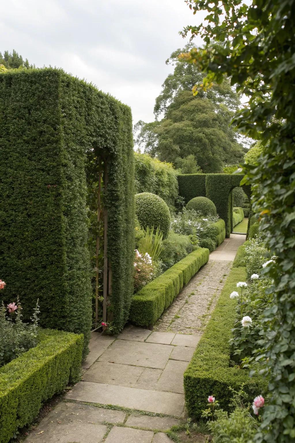 Hedges offer privacy and structure in a rectangular garden
