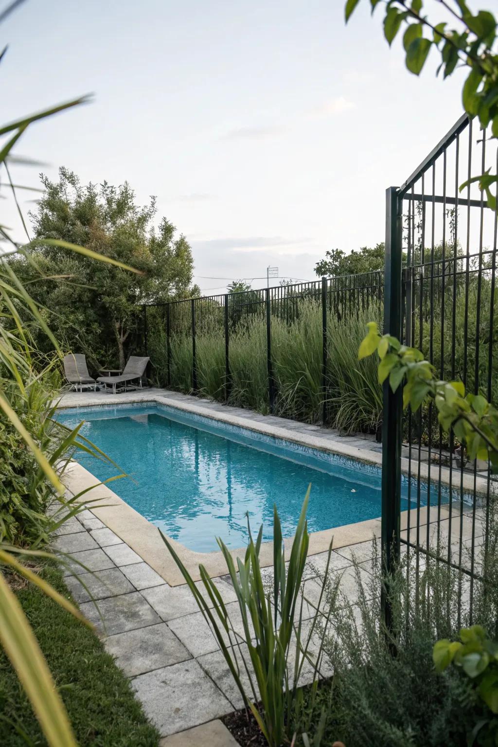 A rectangular pool with privacy fencing and lush tall plants