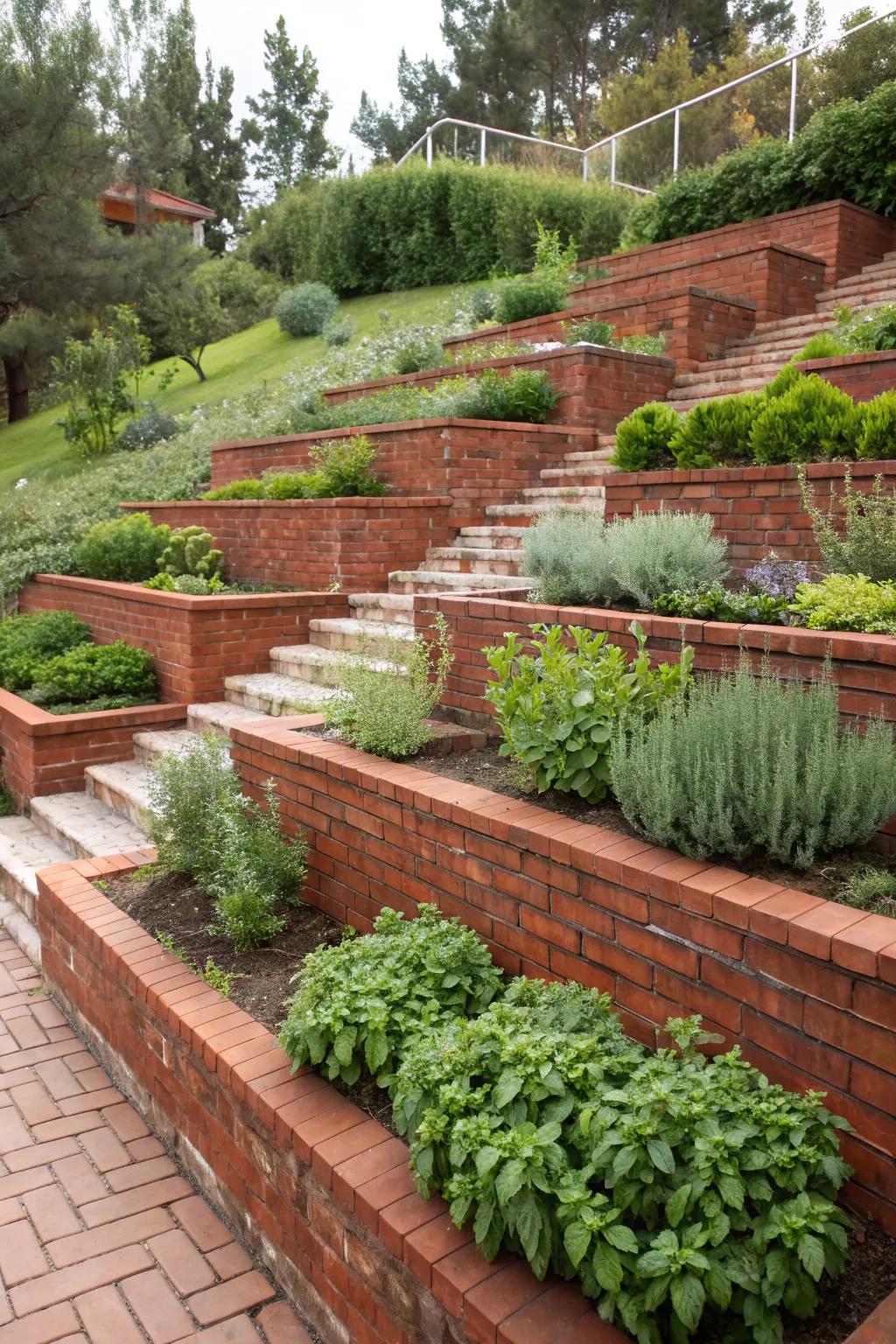 A practical and pretty herb garden with red brick terraces.