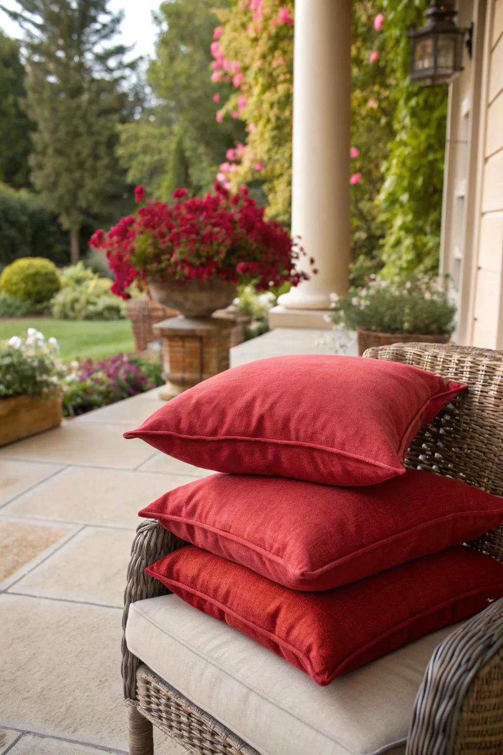 Red throws adding warmth and coziness to the patio setting.
