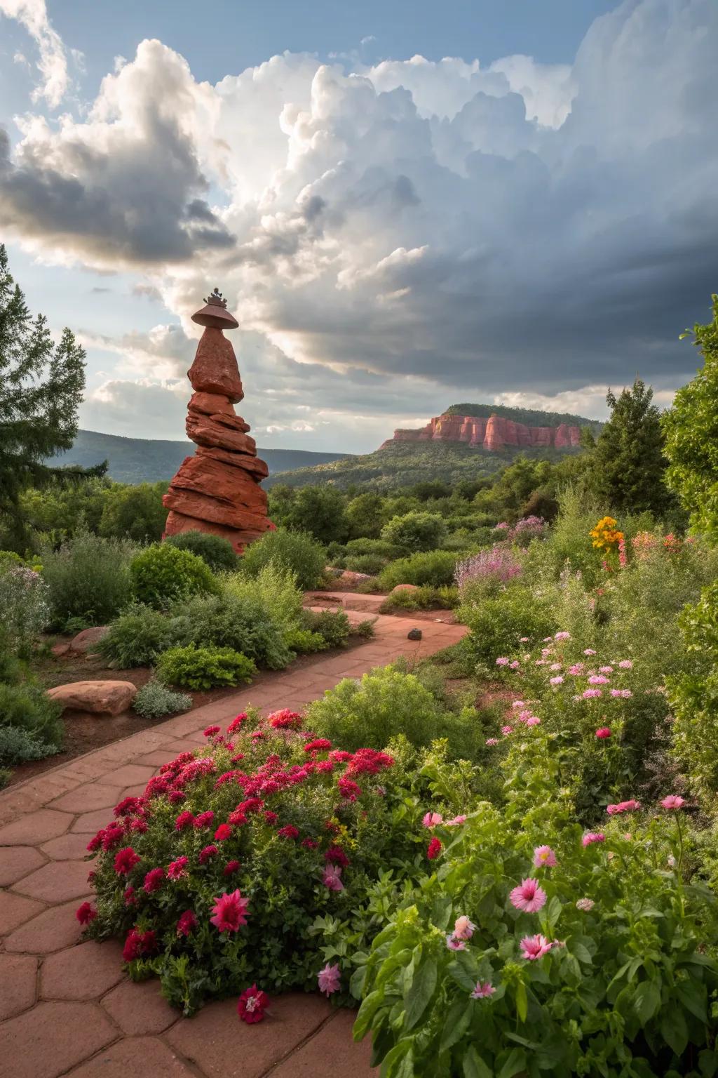 Red rock sculptures provide an artistic flair to garden spaces.