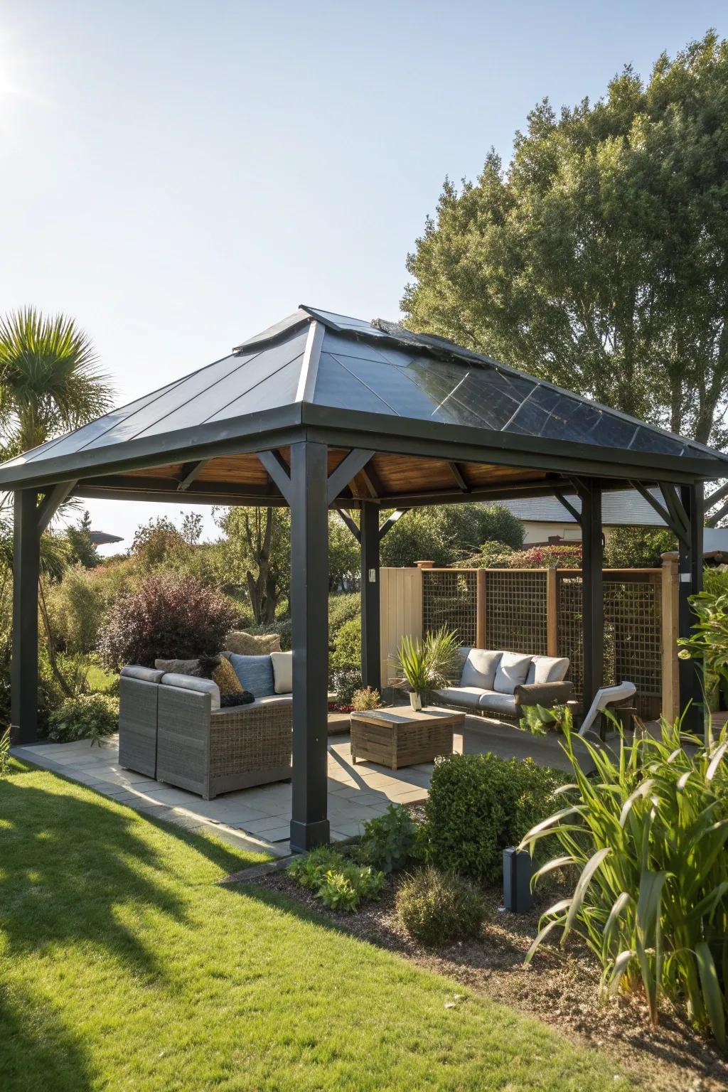 Solar panel roofs turn your gazebo into an eco-friendly power source.