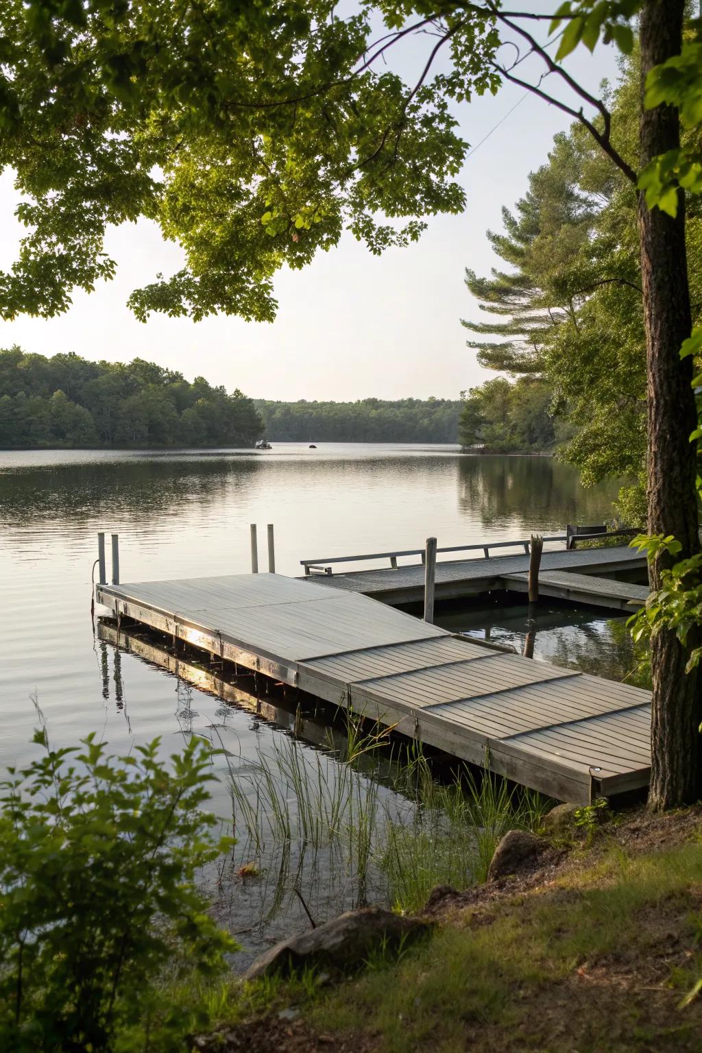 An eco-friendly dock on a residential lake, built with sustainable materials.