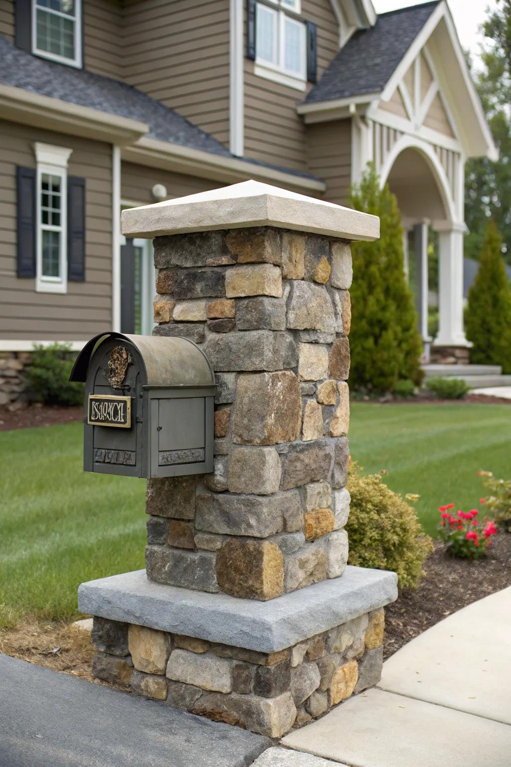 Color coordinated stones create harmony between the mailbox and home.