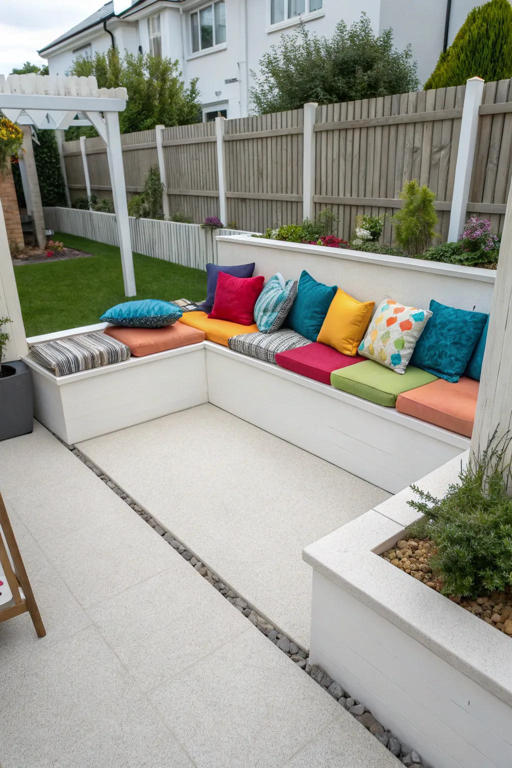 A cozy resin patio with built-in seating and vibrant decor.