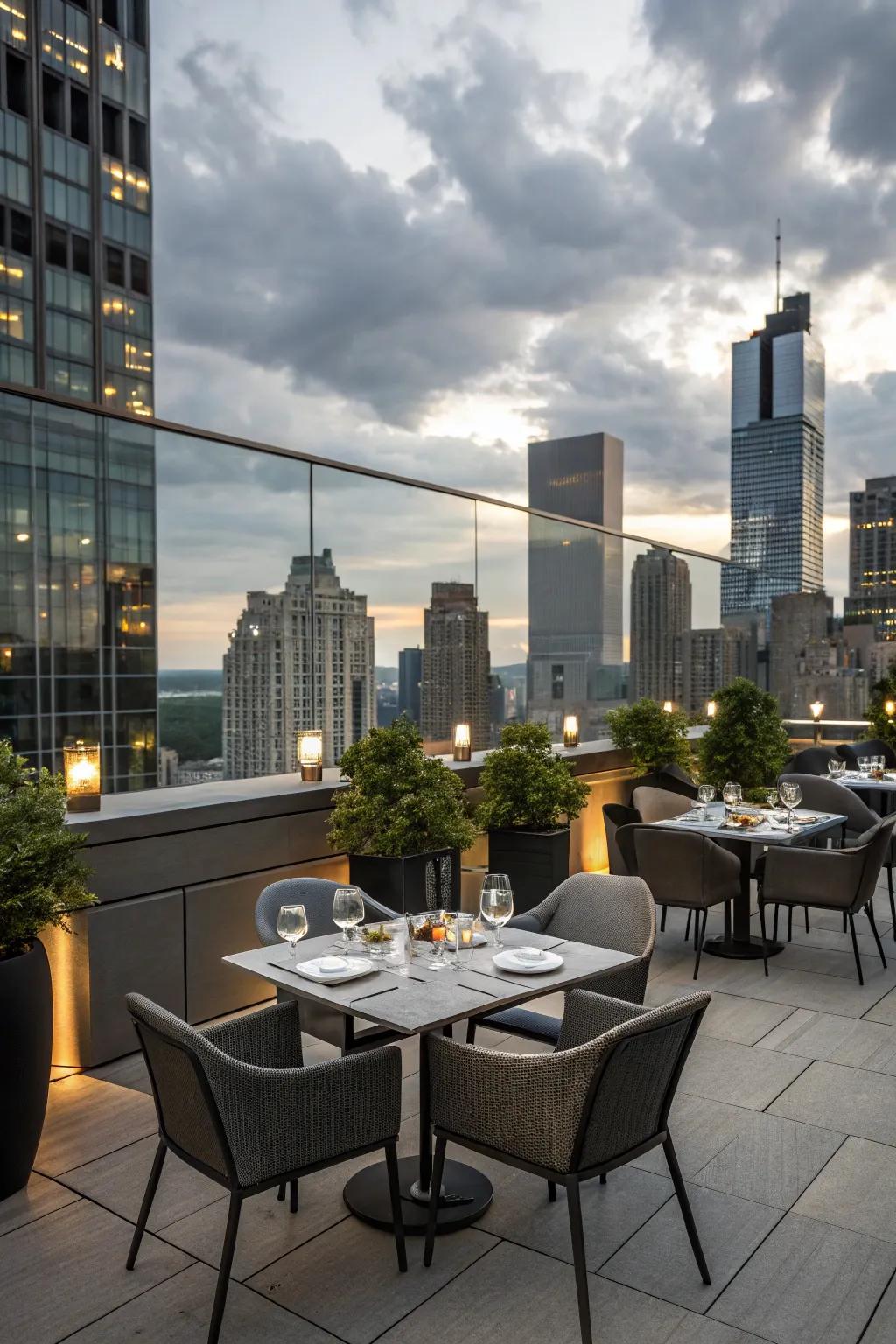 Rooftop dining offers stunning views and a unique dining experience.