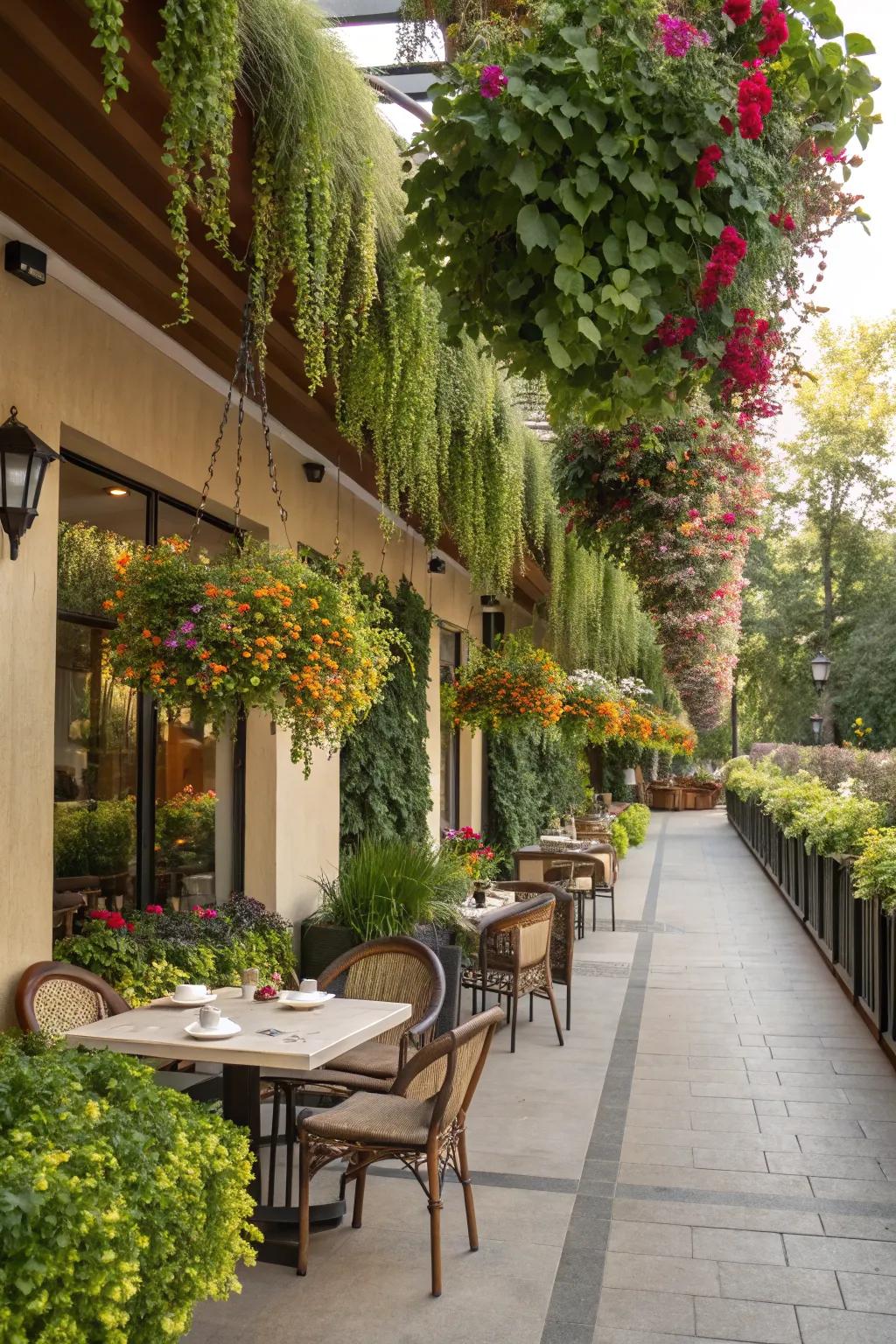 A vibrant patio with lush hanging gardens.