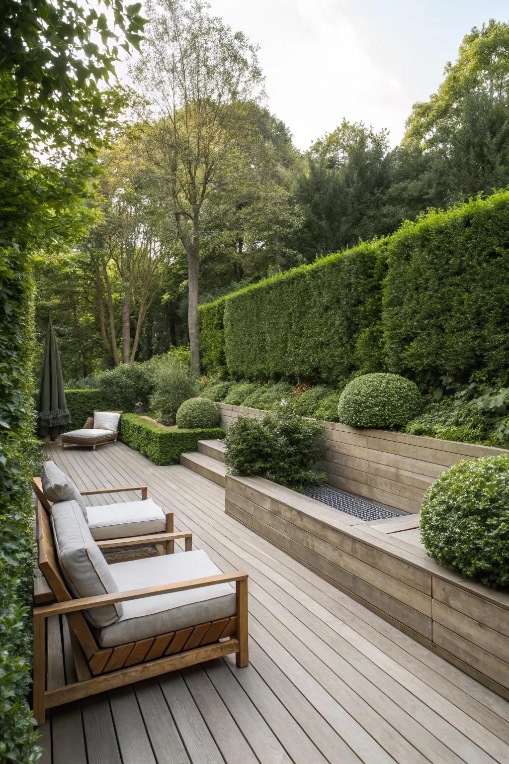 Tall hedges offer privacy and a lush backdrop.