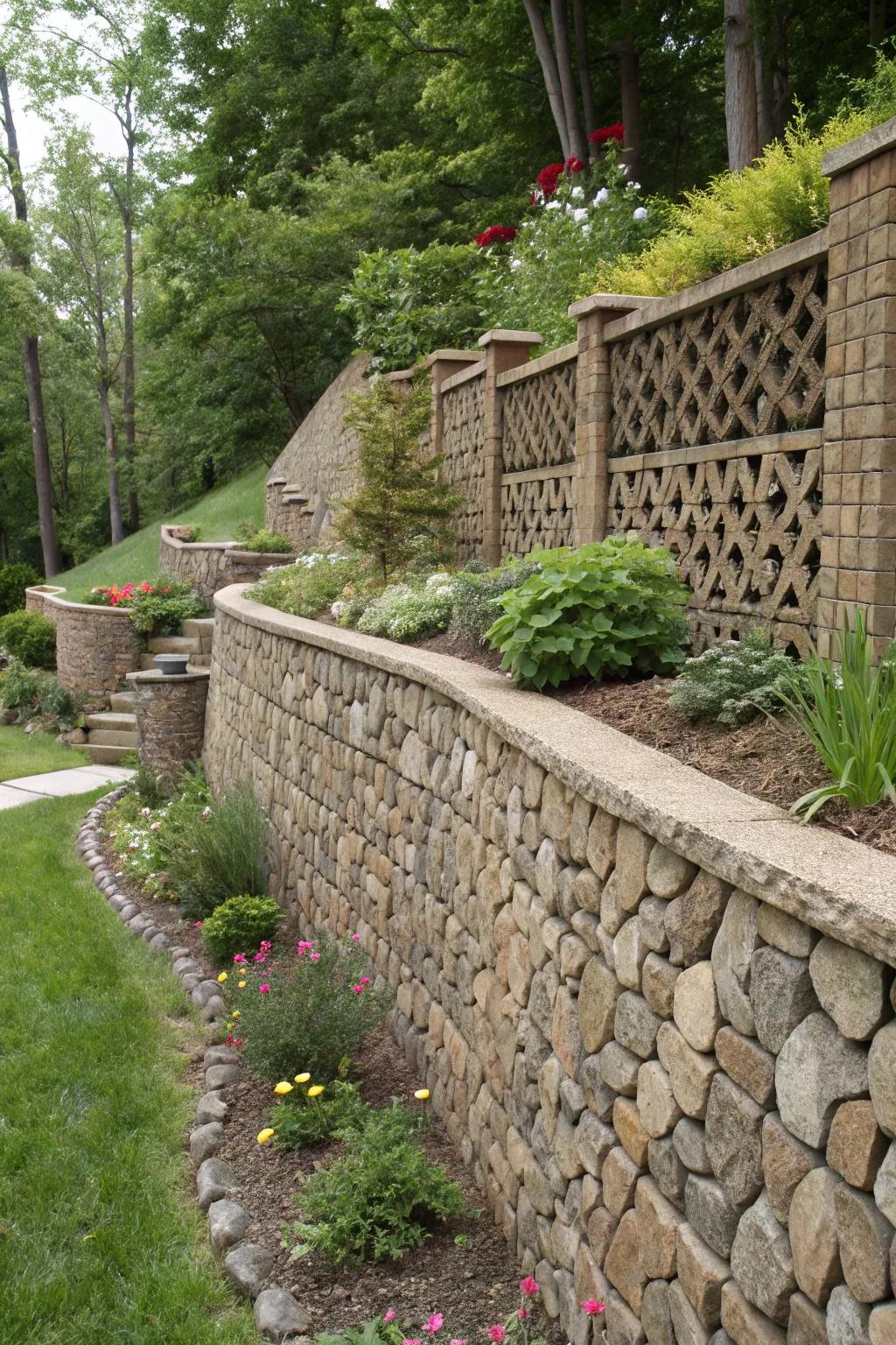 Textured wall patterns bring unique charm to retaining walls.