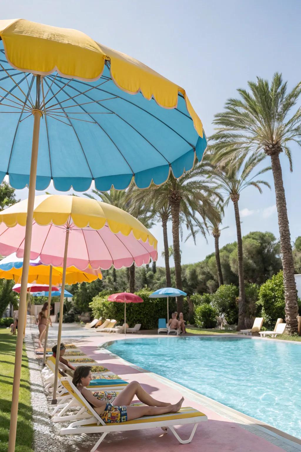 Colorful parasols adding a whimsical touch to the pool area.