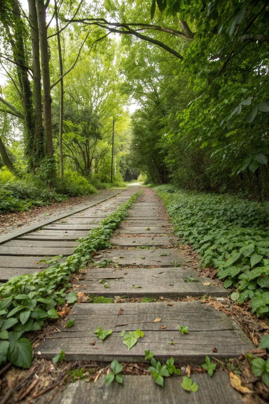 A serene ribbon driveway with wooden planks and a lush leafy ground cover.
