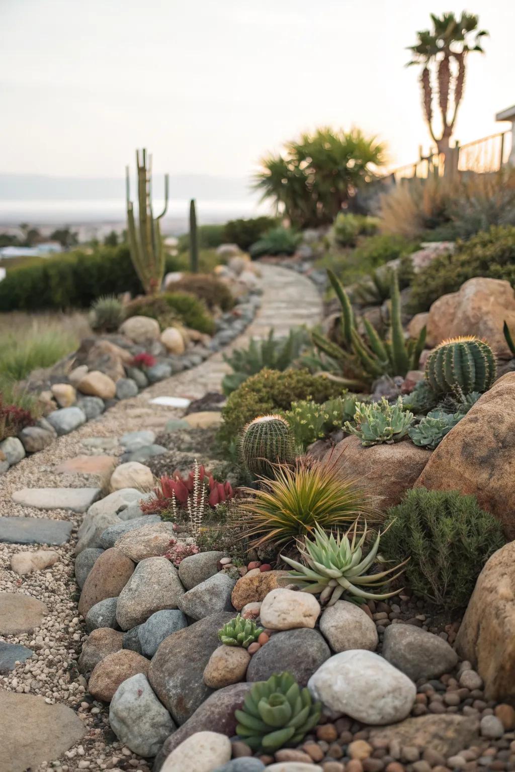 A low-maintenance rock garden using riprap stones and drought-resistant plants.