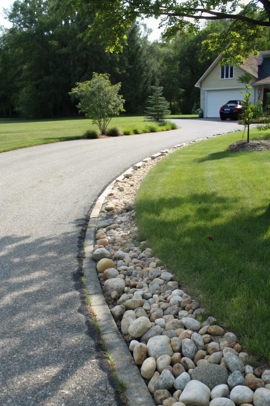 Defined driveway border separating lawn and driveway with river rocks.