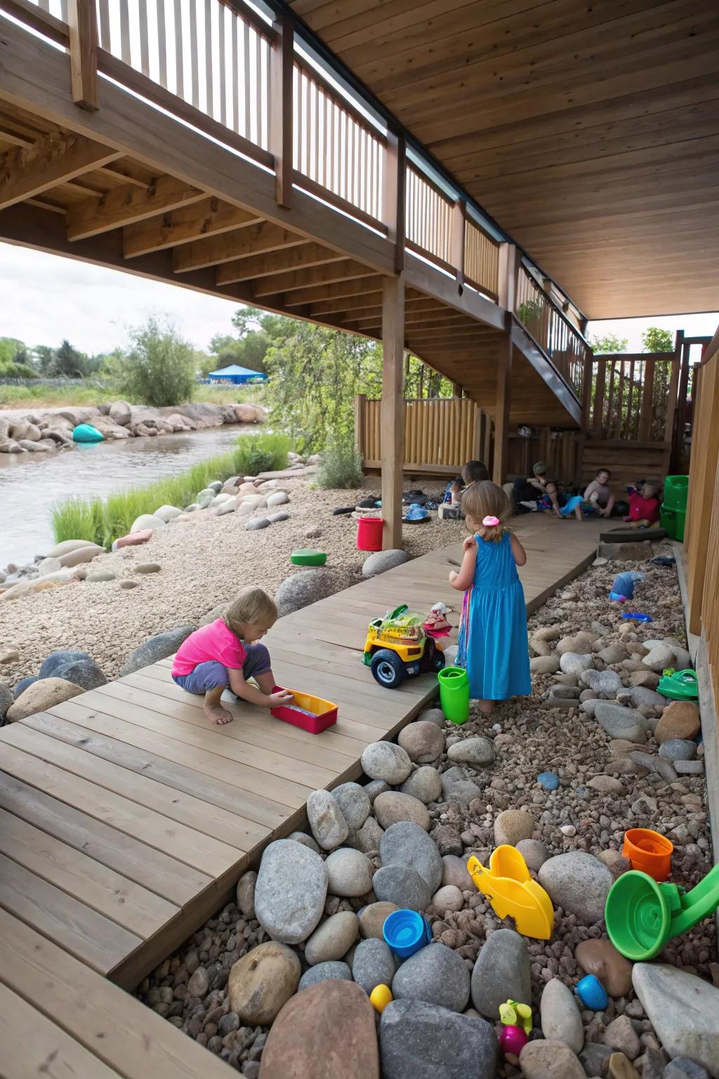 Play area with river rocks under the deck.