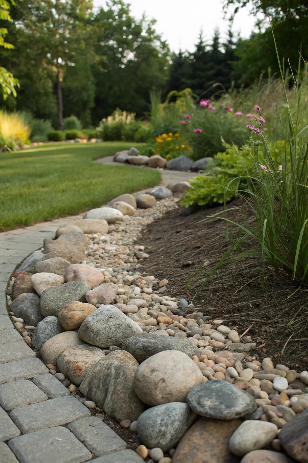 River rocks serve as a stylish mulch alternative.