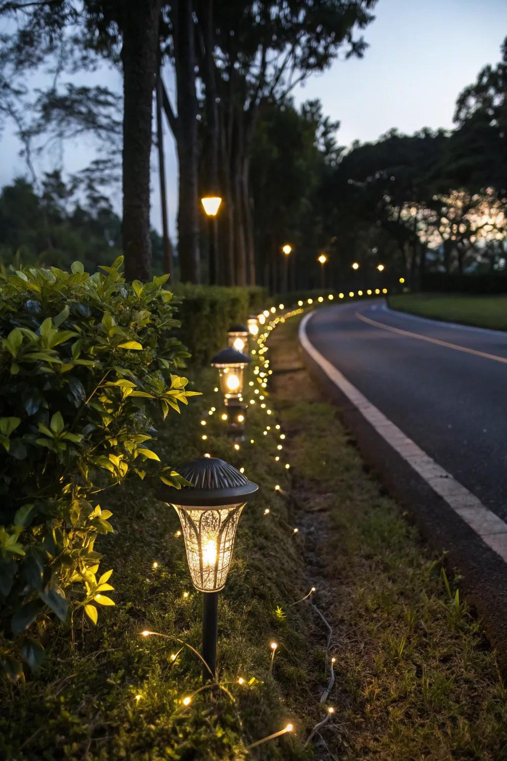 Solar lights add safety and ambiance.