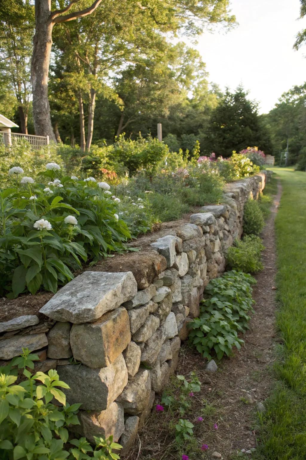 A sustainable rock fence using reclaimed stones.