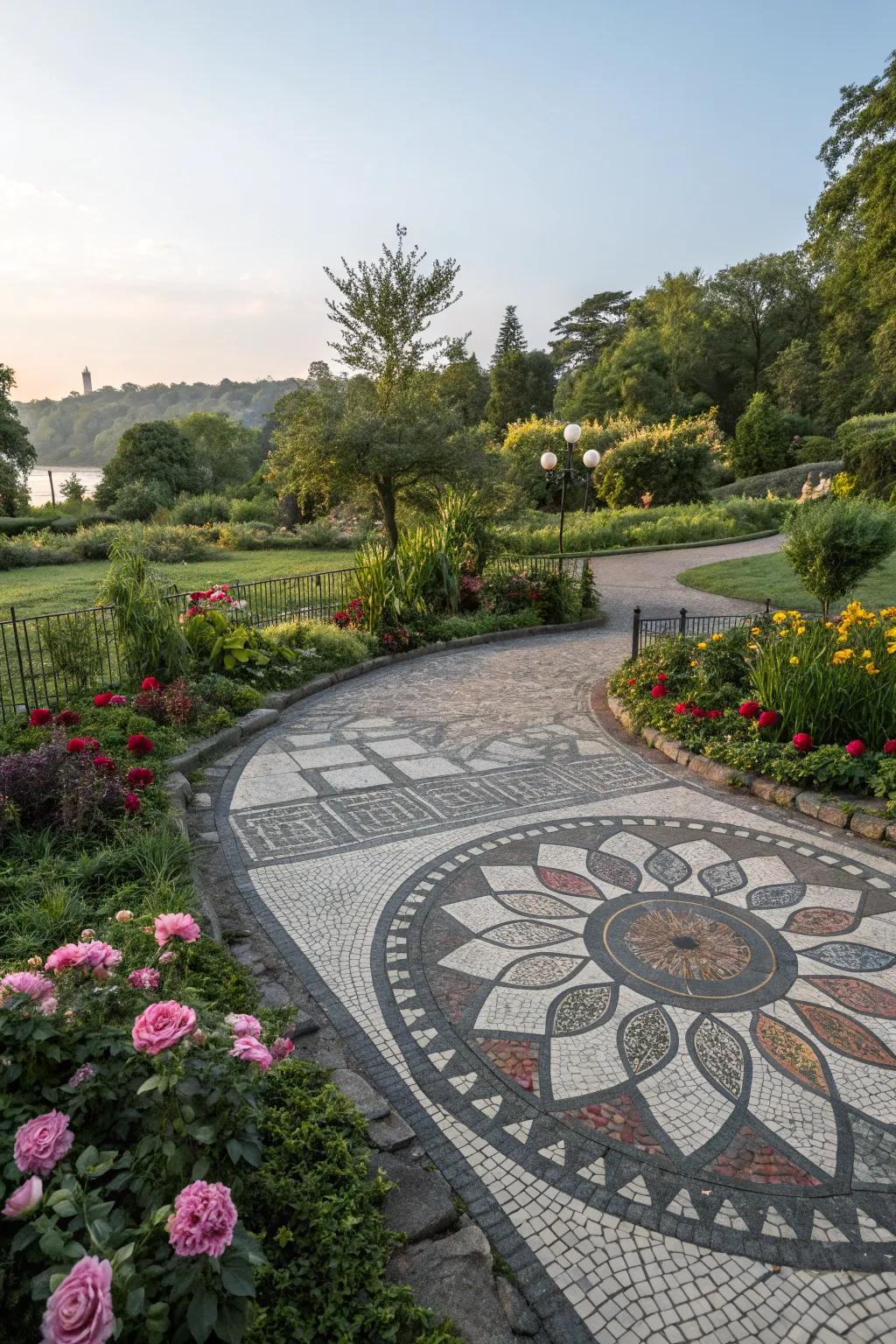 Mosaic patterns add an artistic flair to your rock garden.