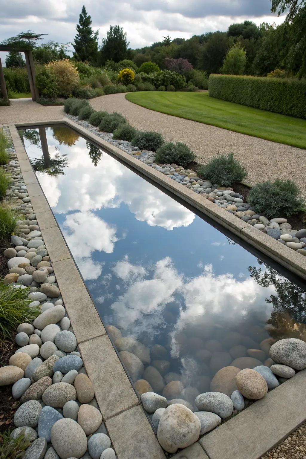 A reflective rock pool adds tranquility and visual depth to the garden.