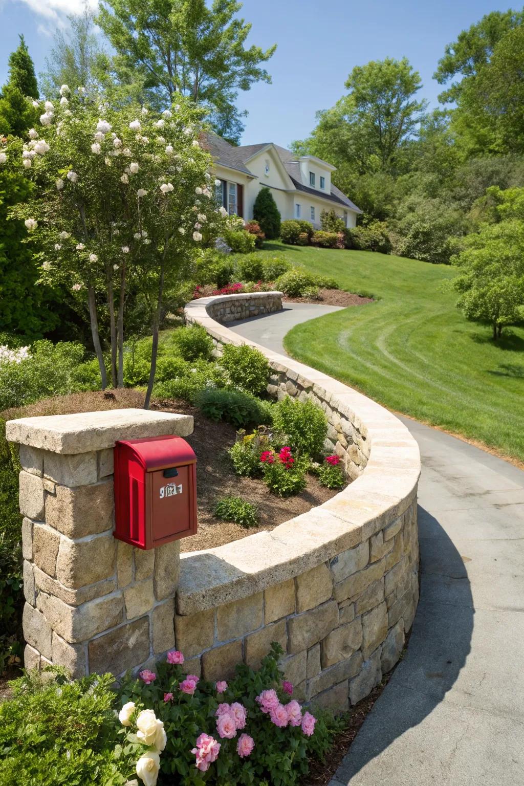 A curved stone wall mailbox that adds a dynamic and elegant touch to the landscape.