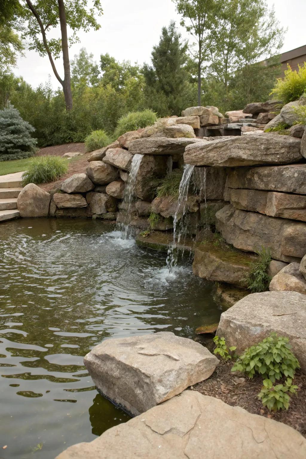 Water features in rock walls add tranquility and elegance.