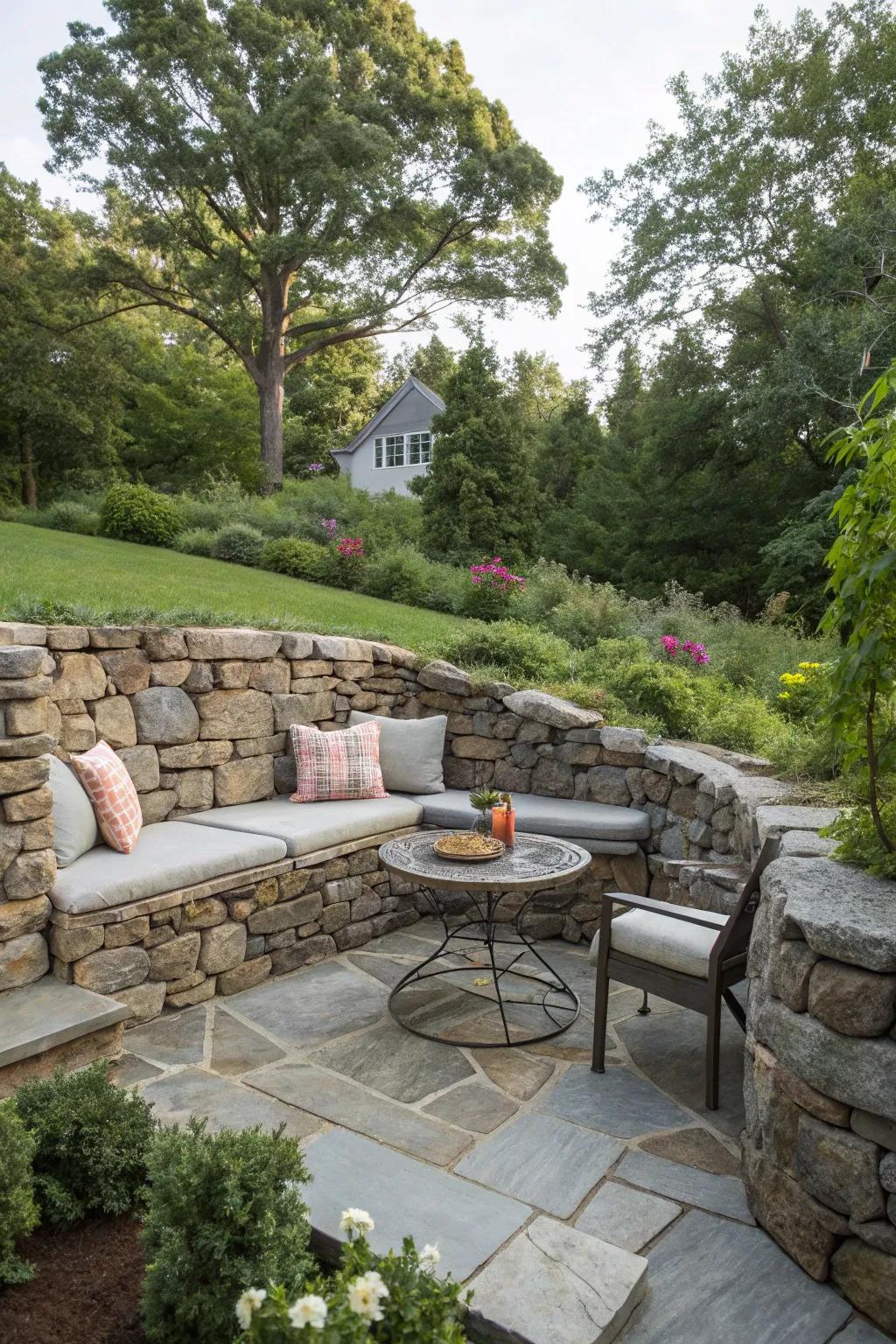 A seating nook within a rock wall garden offers a cozy retreat.