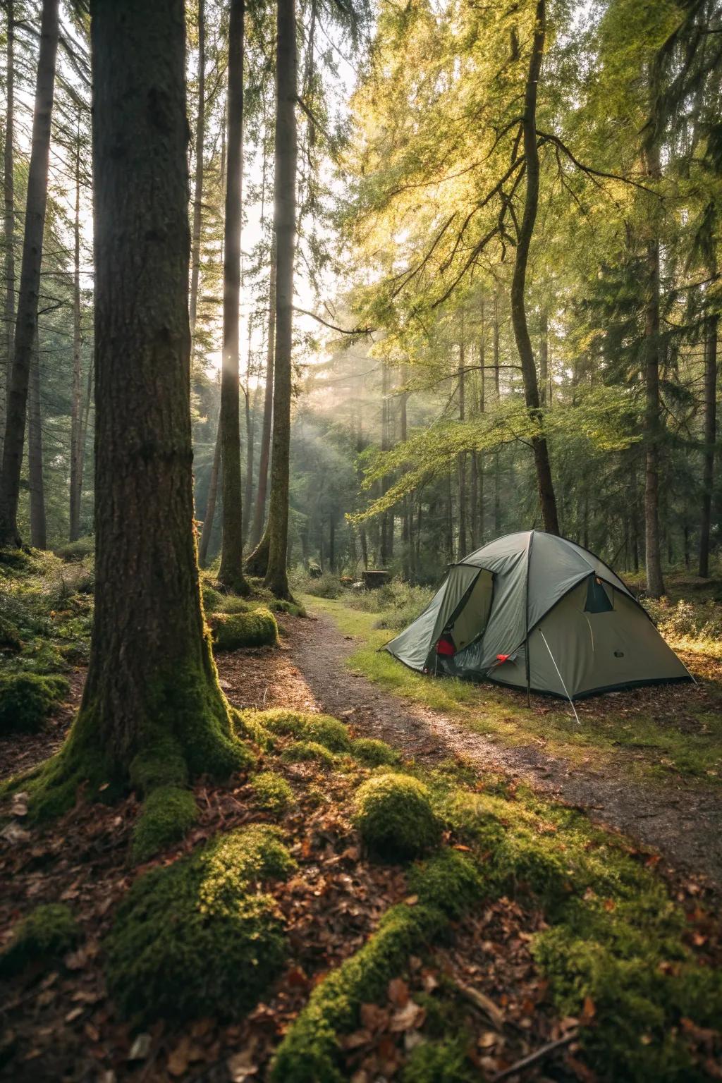 A tent nestled in the tranquility of a woodland retreat.