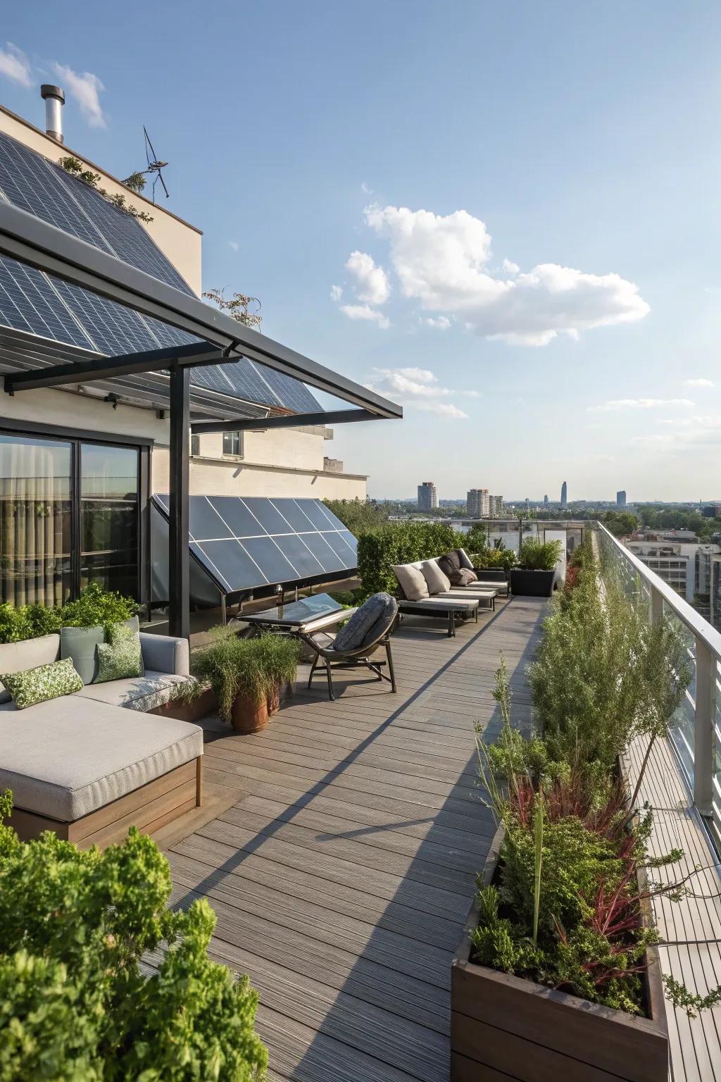 Solar panels providing sustainable power on a rooftop deck.