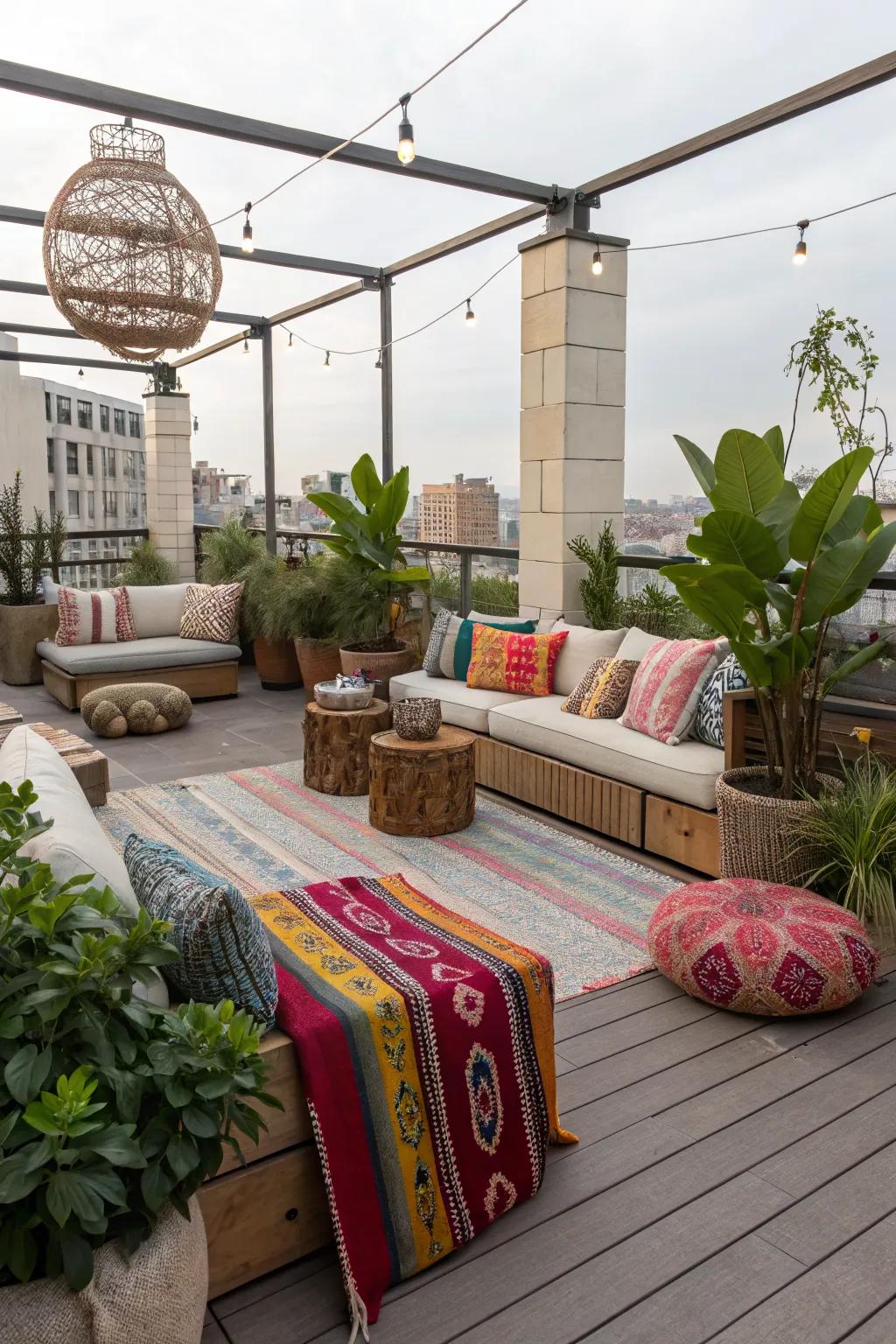 Personalized decor adding warmth and character to the rooftop.
