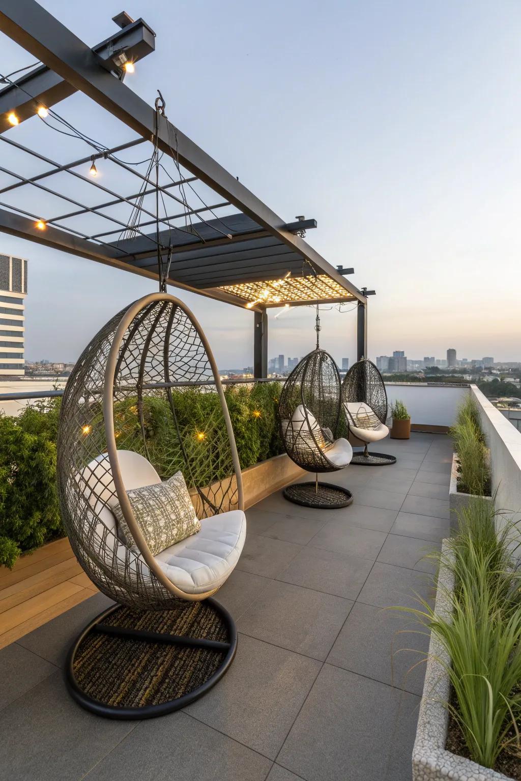 Swing into relaxation with stylish rooftop chairs.