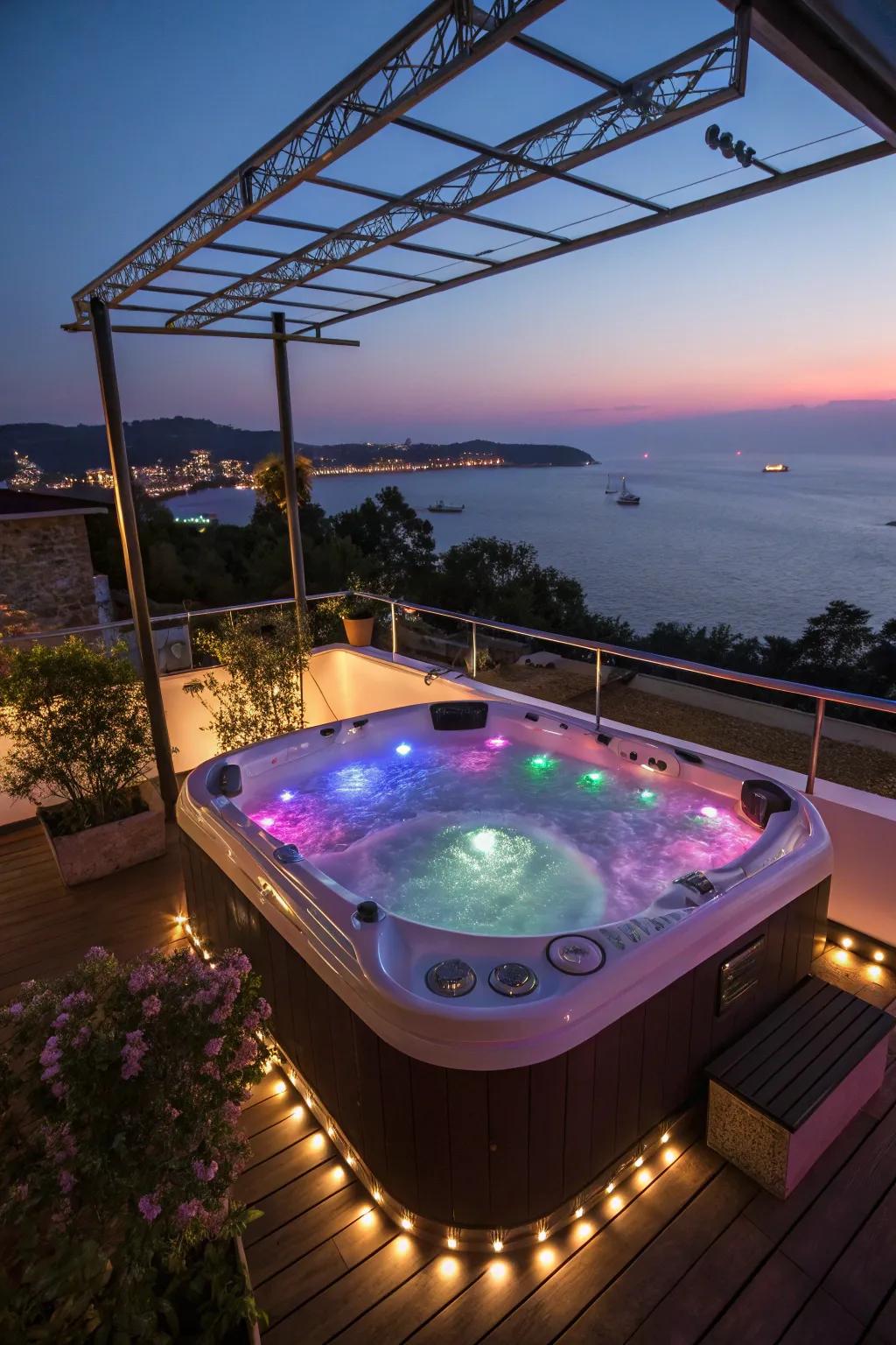 Enhance your rooftop jacuzzi experience with whimsical lighting effects.