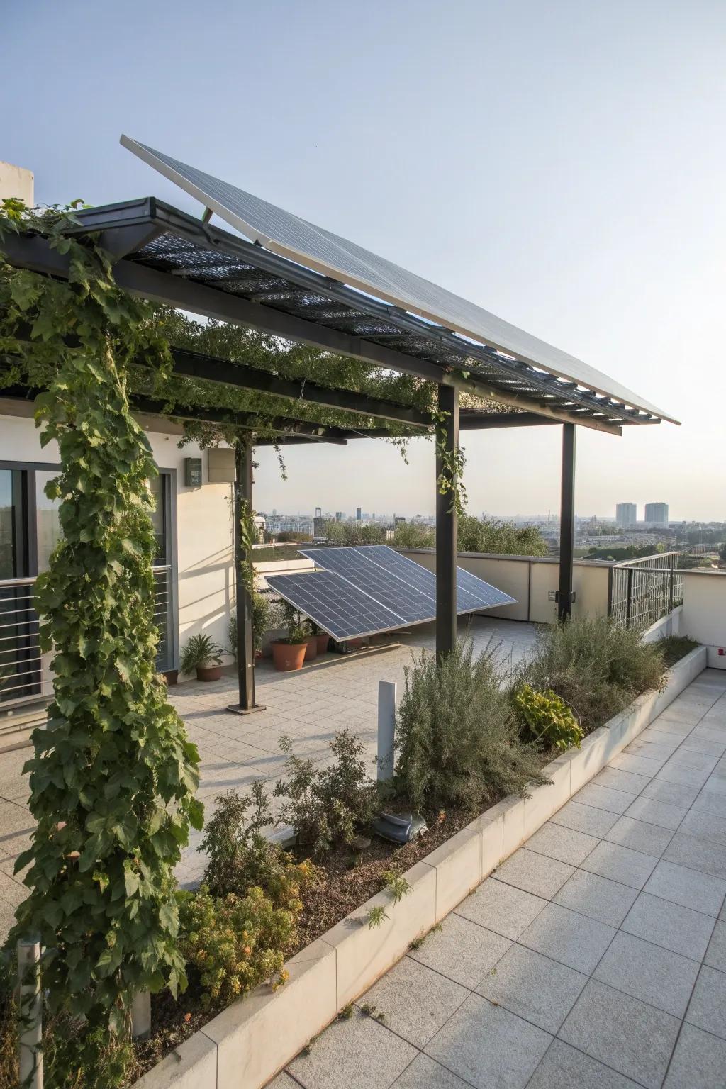A solar panel roof combines shade with renewable energy.
