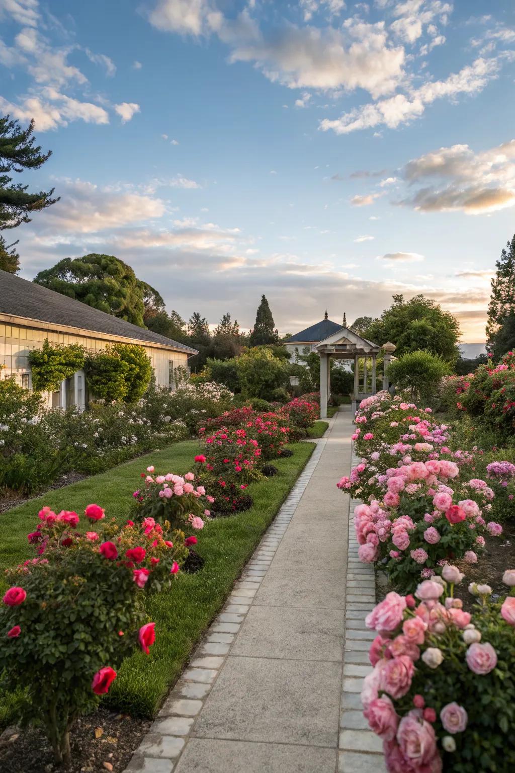 A stunning front yard display with roses that welcomes visitors with charm.