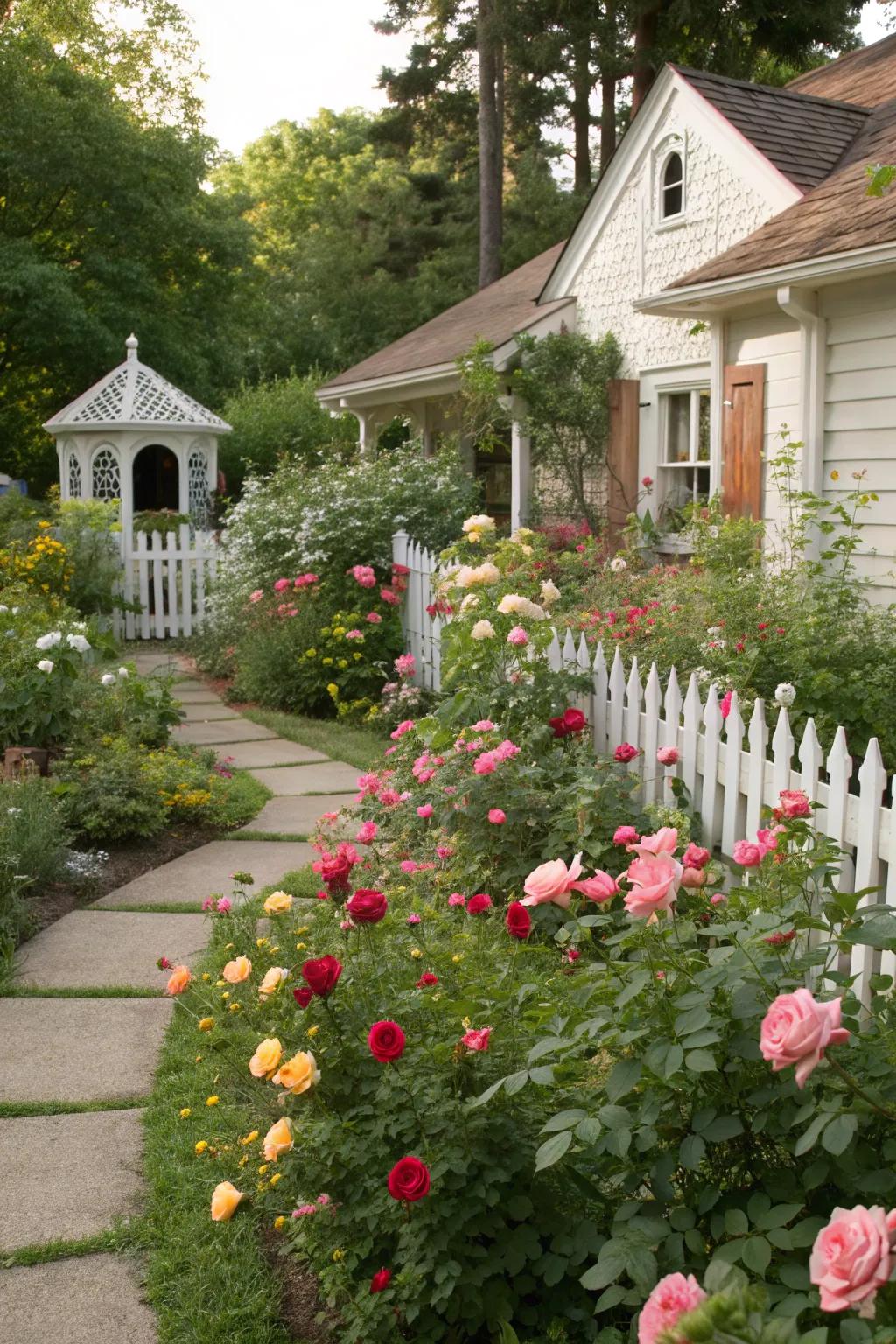 A relaxed and inviting cottage-style rose garden.
