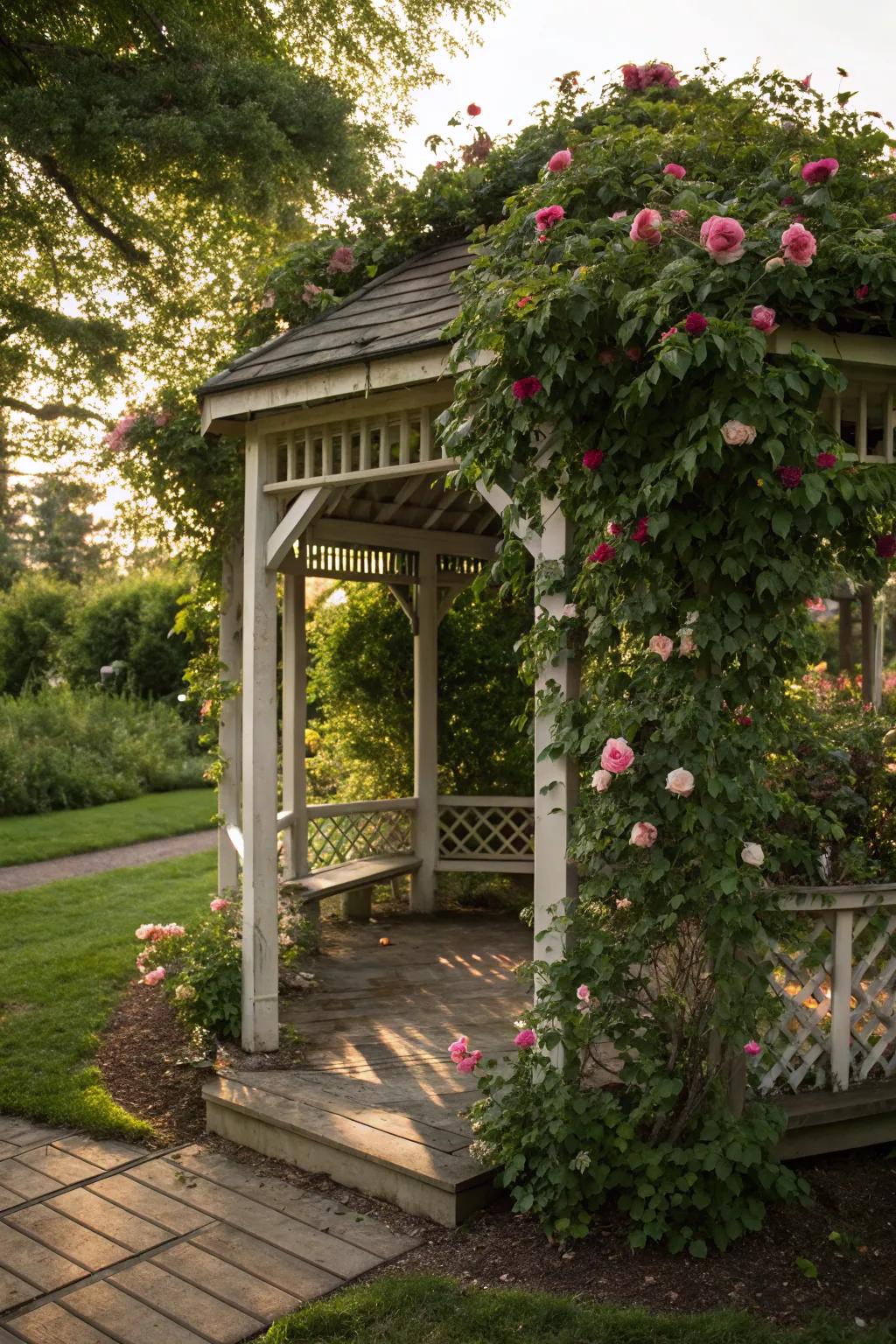 Gazebos covered in roses become the heart of any garden.