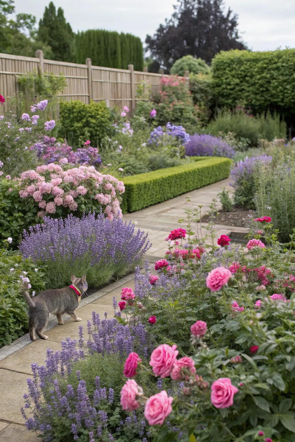 Roses paired with companion plants for added garden texture.