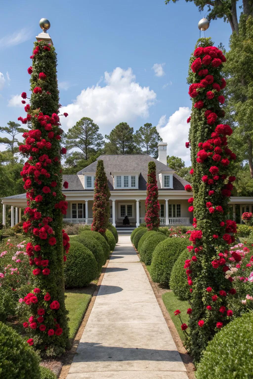 Frame paths with striking rose obelisks.