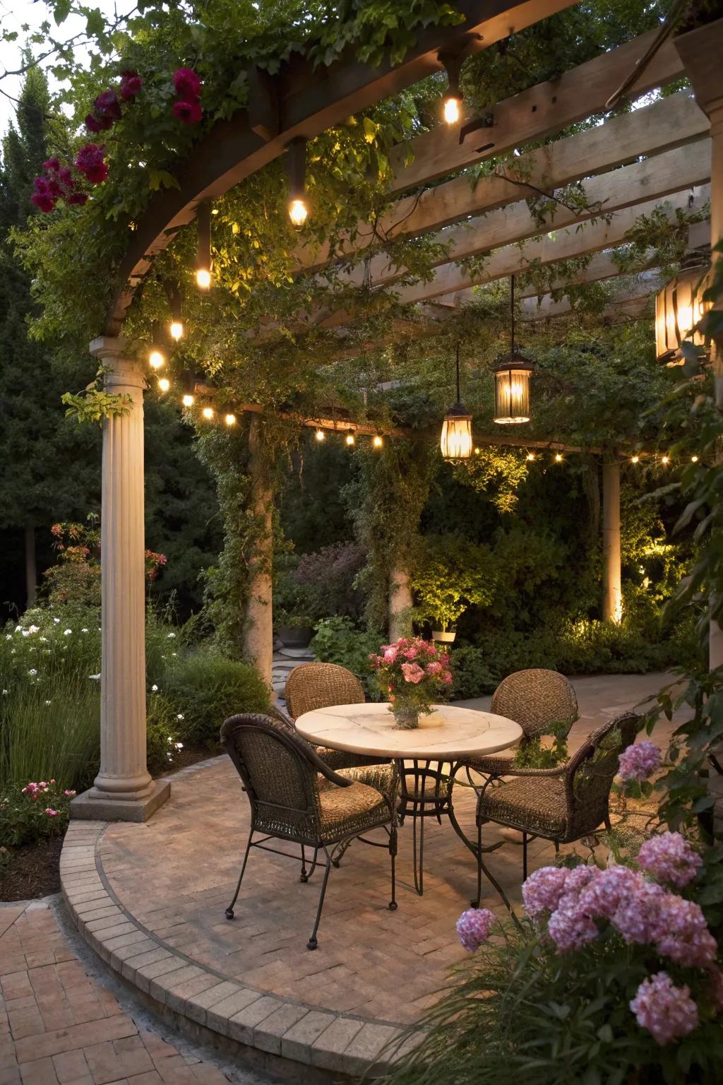 A round patio enhanced by a pergola, providing shade and style.