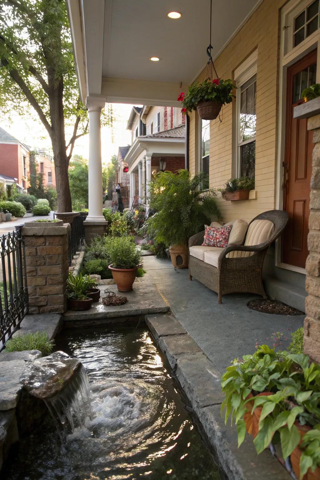 A water feature provides a tranquil atmosphere to your porch.