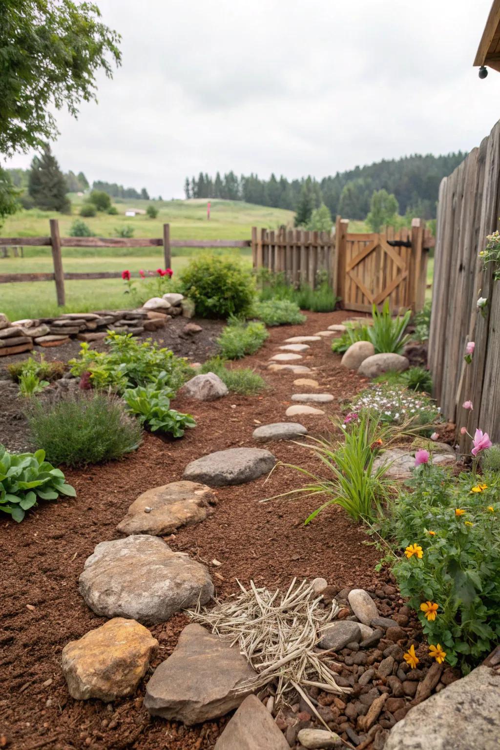 A rustic garden escape with earth-toned rubber mulch and natural charm.