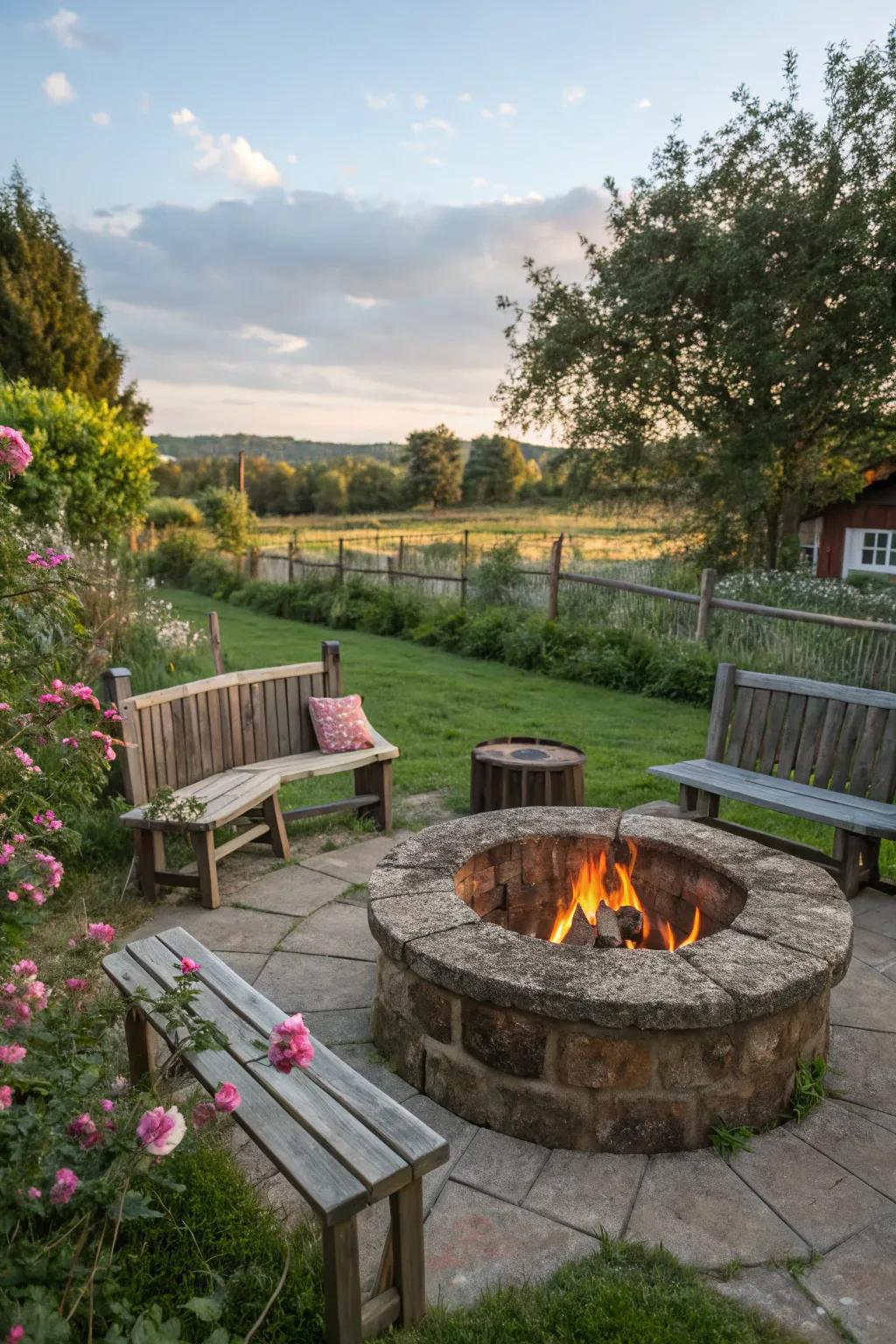 A fire pit creates a warm gathering spot for cool evenings.