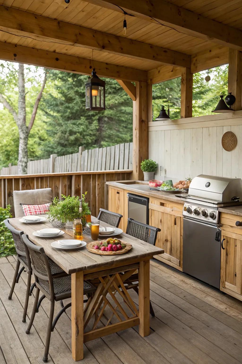 An outdoor kitchen space is perfect for dining and entertaining.