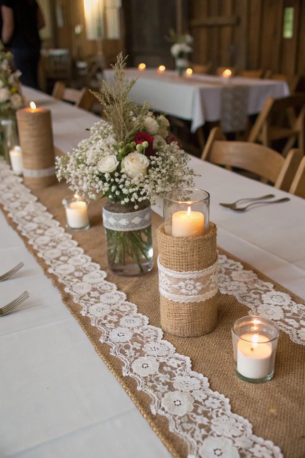 Burlap and lace decor for a charming rustic wedding.