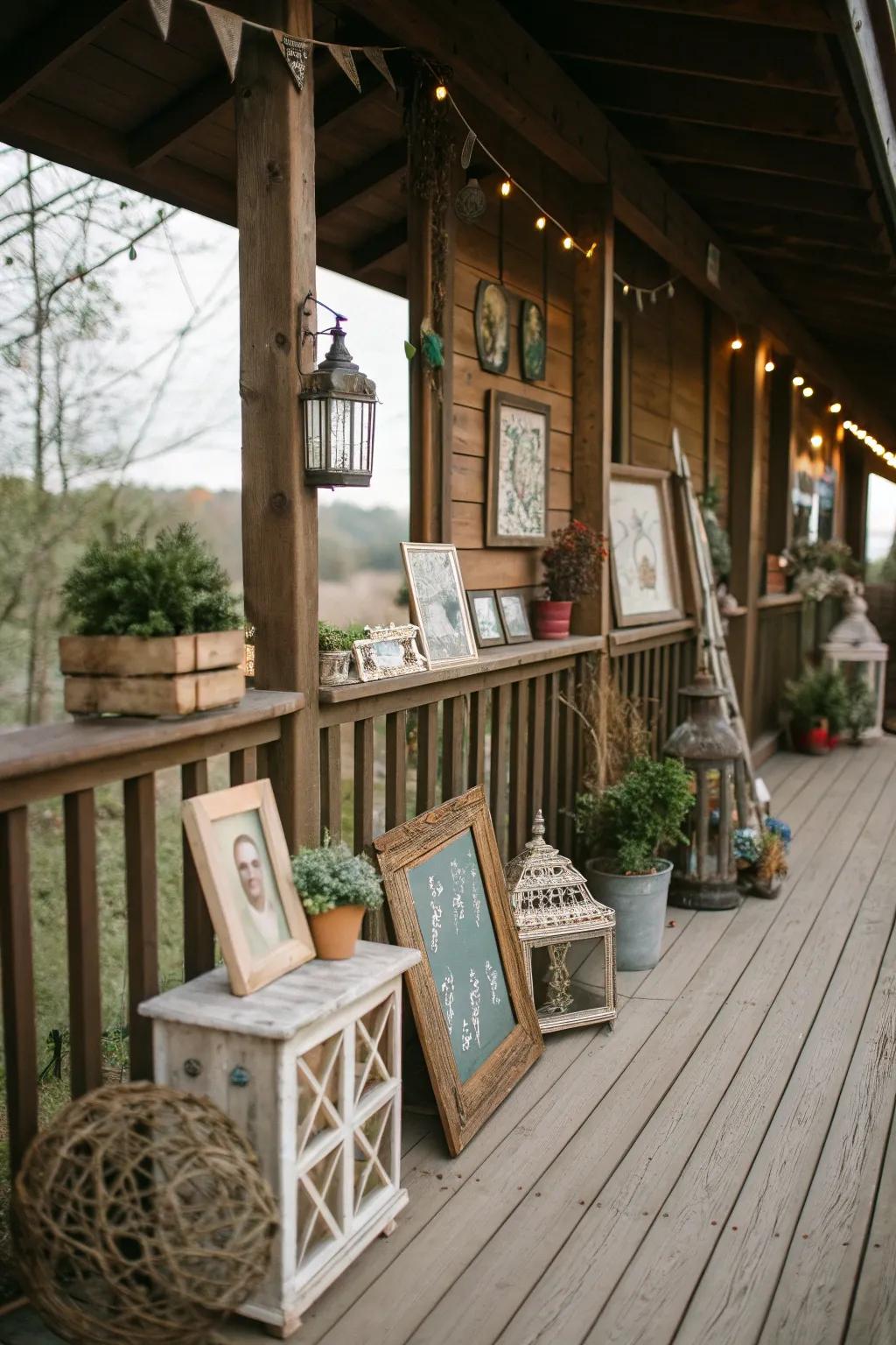 A rustic balcony showcasing unique, personalized decor elements.