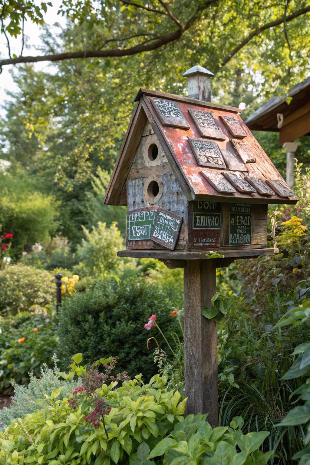 A quirky birdhouse with a nostalgic license plate roof.
