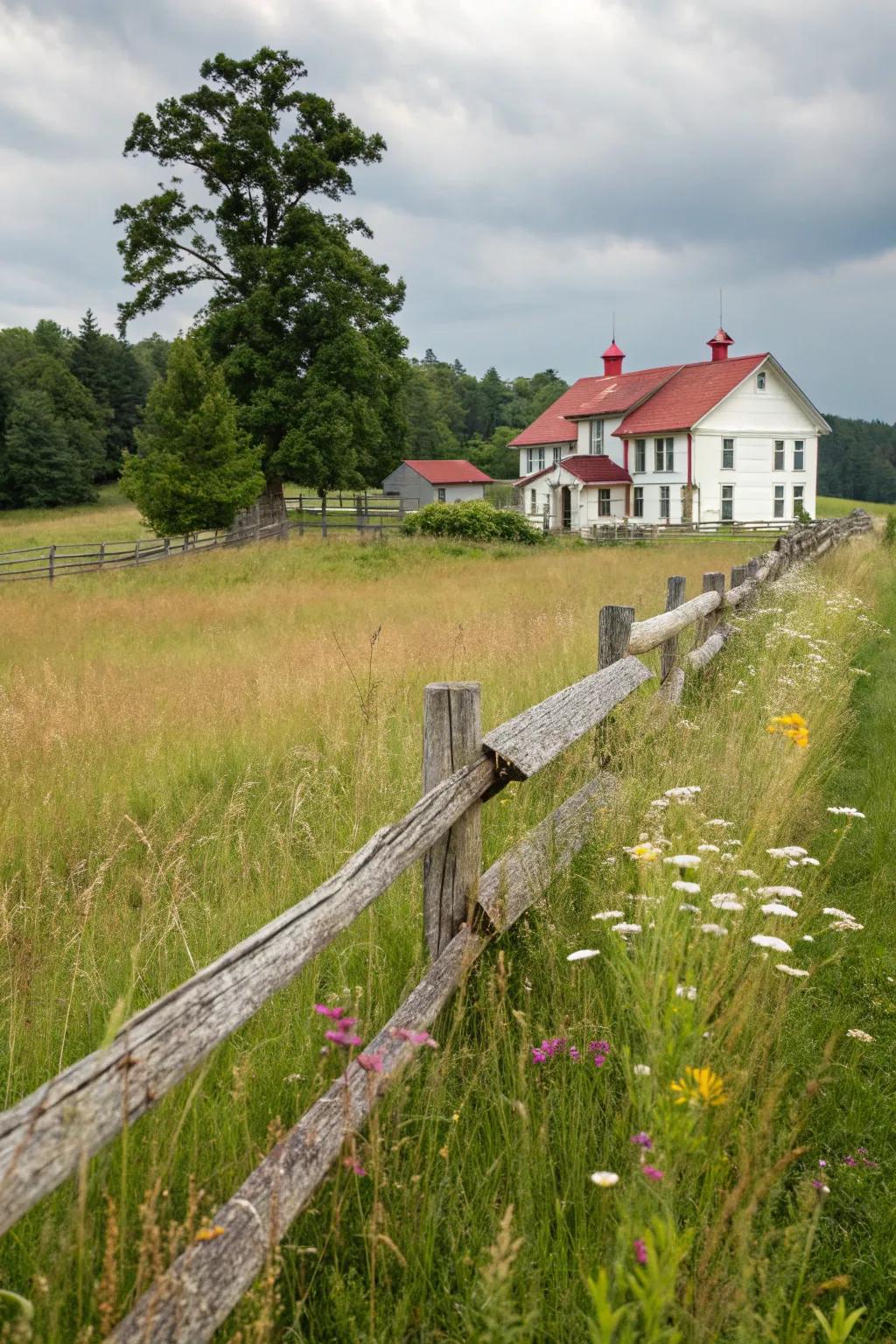 A rustic cedar rail fence capturing farmhouse charm.