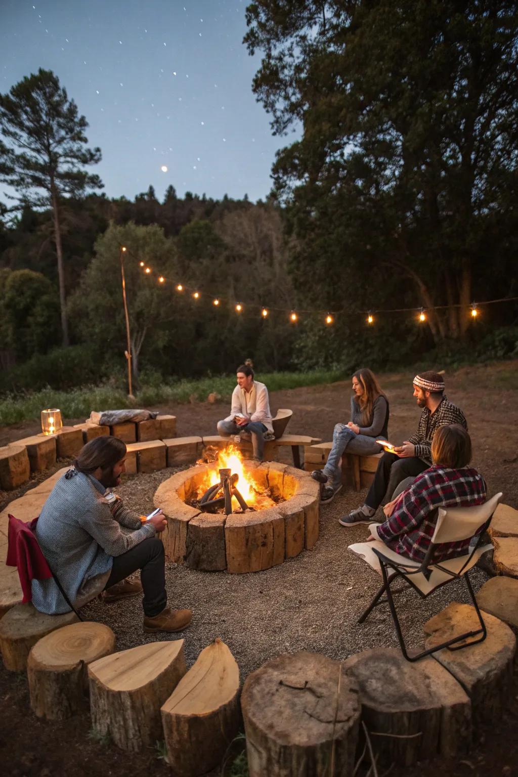 A circular layout fosters conversation and connection around the fire pit.