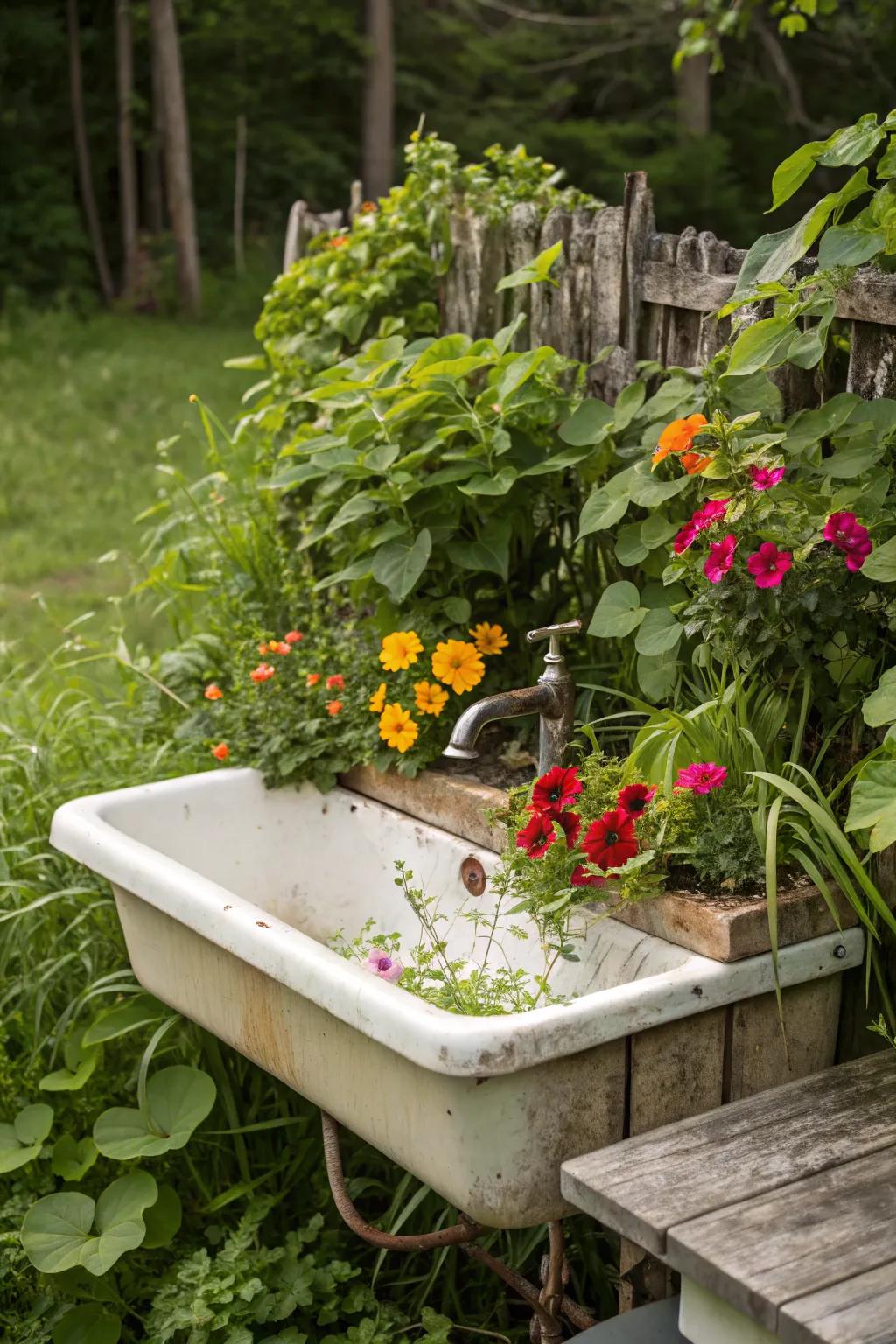 An old kitchen sink serves as a charming planter in this rustic garden.